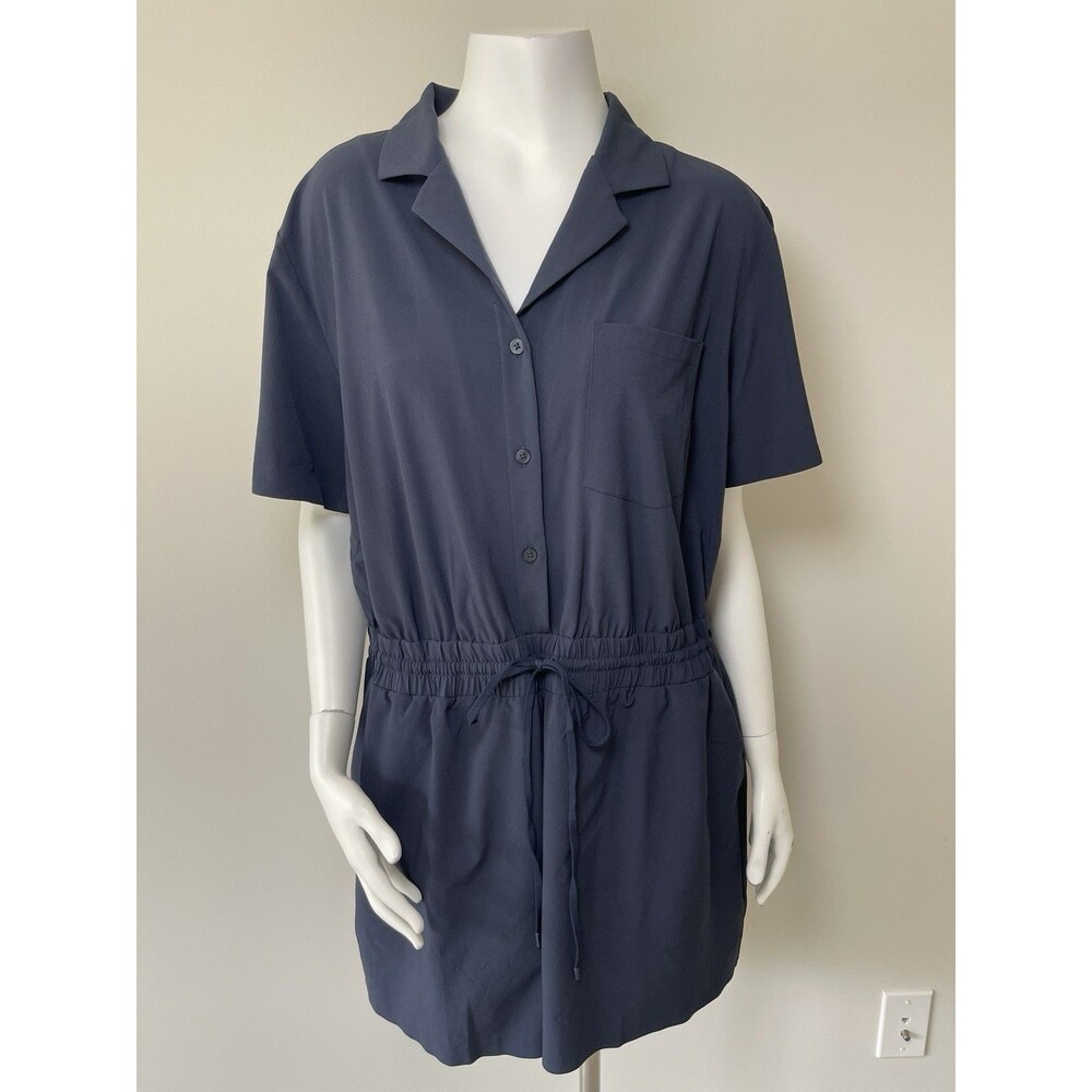 Athleta Avenue Romper Women's L Navy Blue Lightweight Drawstring Stretch Preppy
